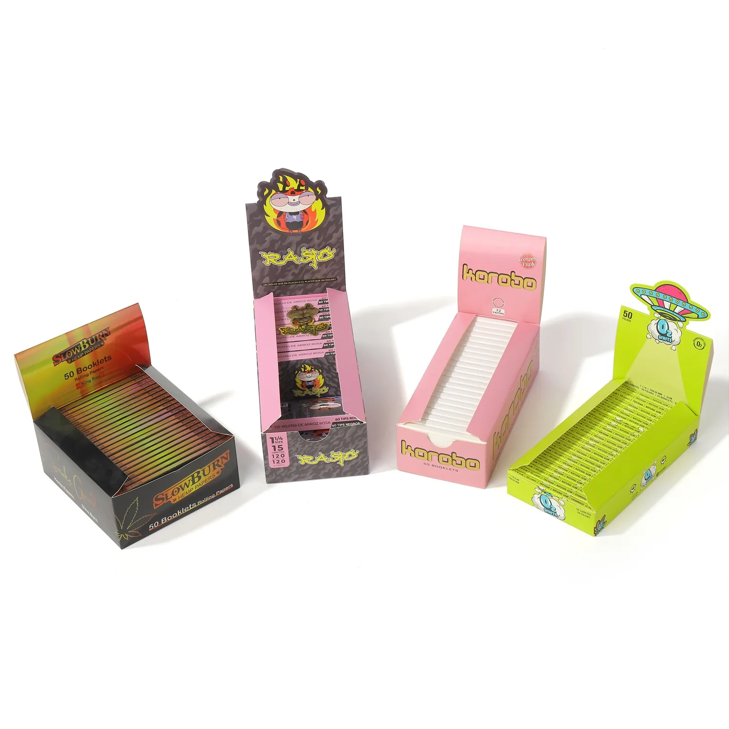 Assorted retail trays and packaging for rolling papers and pre-roll cones