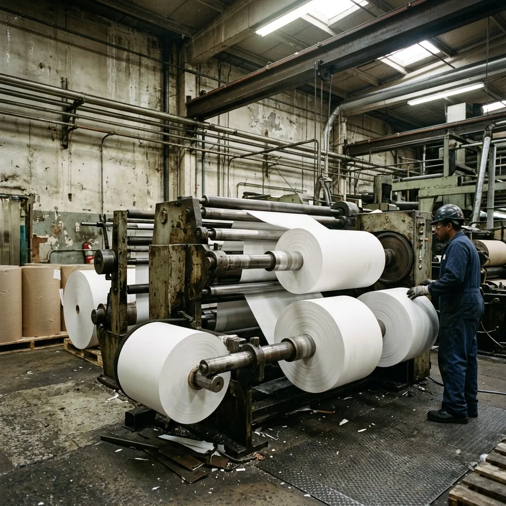 Factory slitting machinery converting gummed paper reels