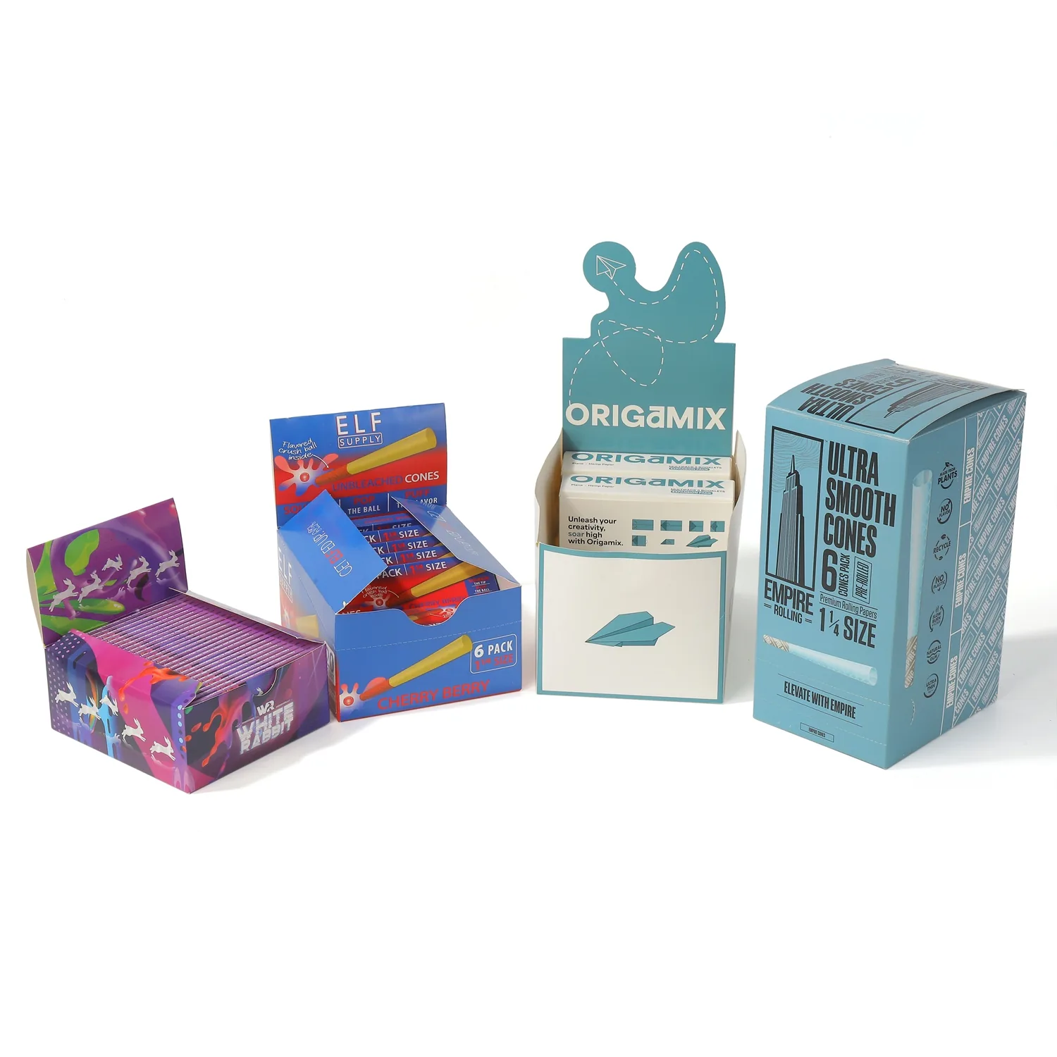 Blue pre-roll retail packaging lineup with matching carton and paper pack
