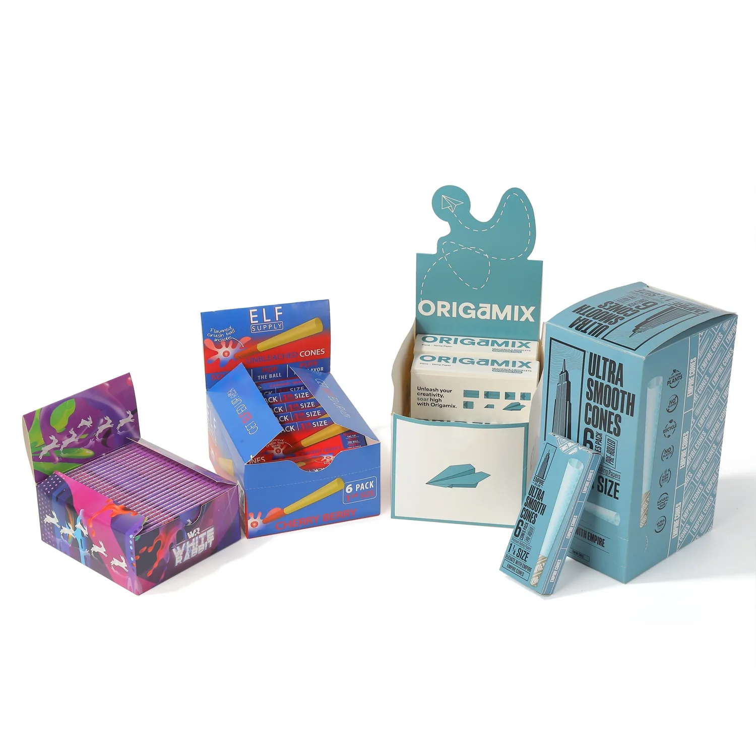 Blue retail packaging set with carton and paper packs
