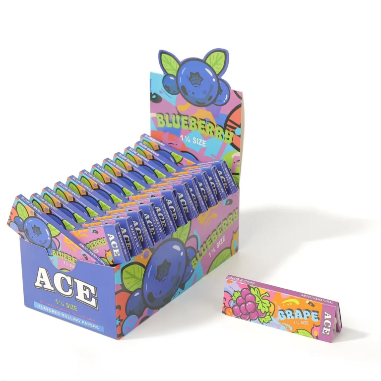 Ace Rolling blueberry themed retail display box with rolling paper packs