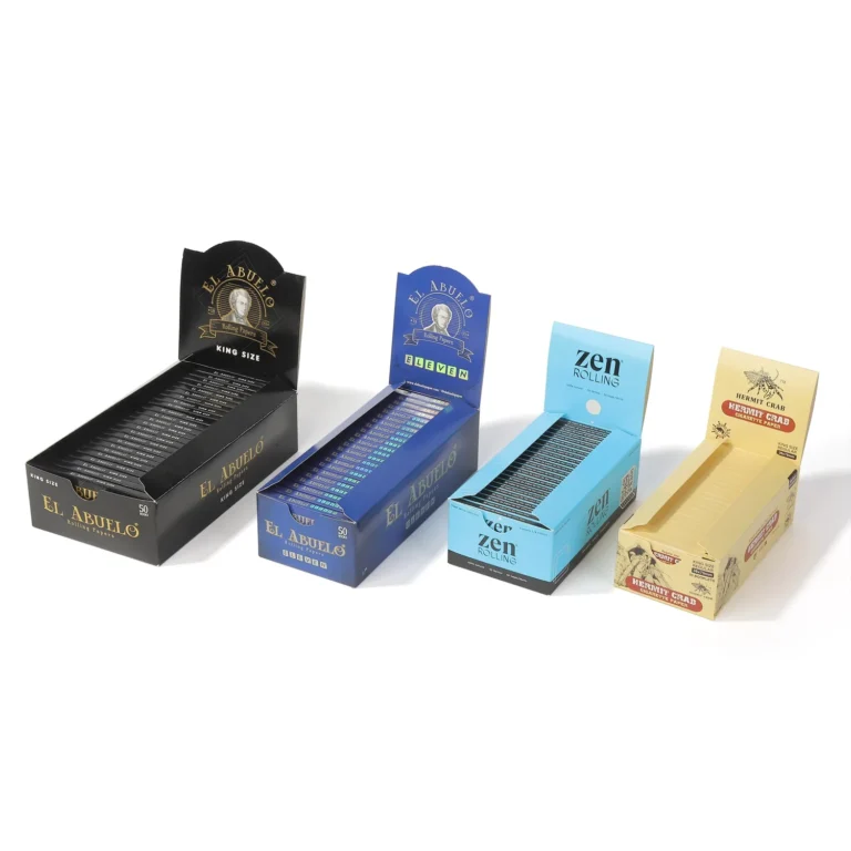 Ace Rolling four rolling paper retail boxes in dark blue and beige colors