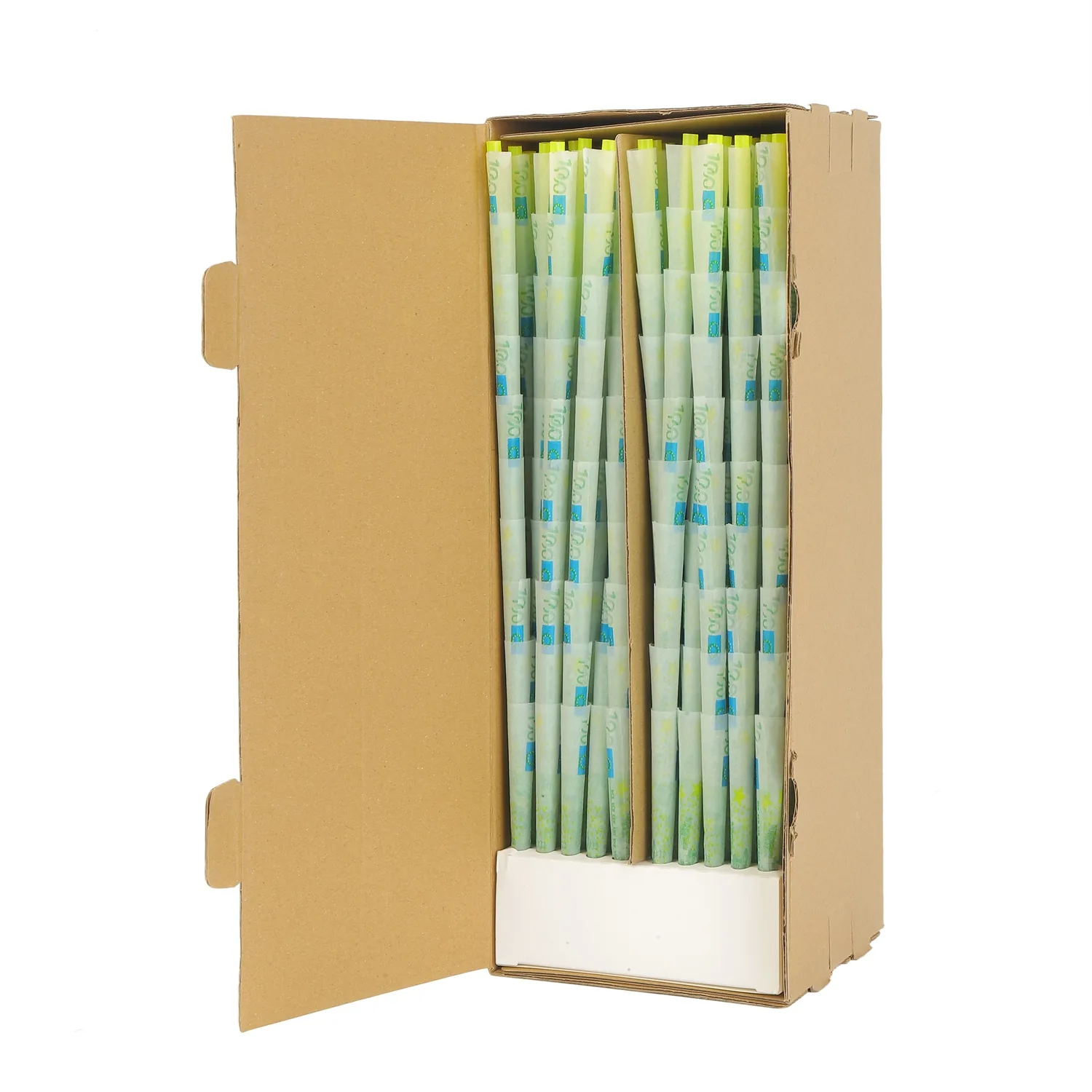 Turquoise printed cones arranged in a kraft bulk display box