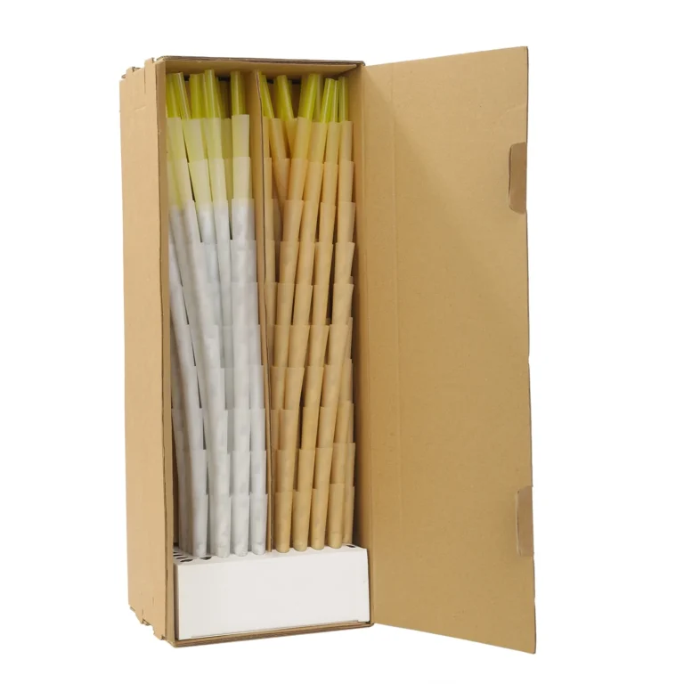 White and unbleached pre-rolled cones packed in a kraft bulk box