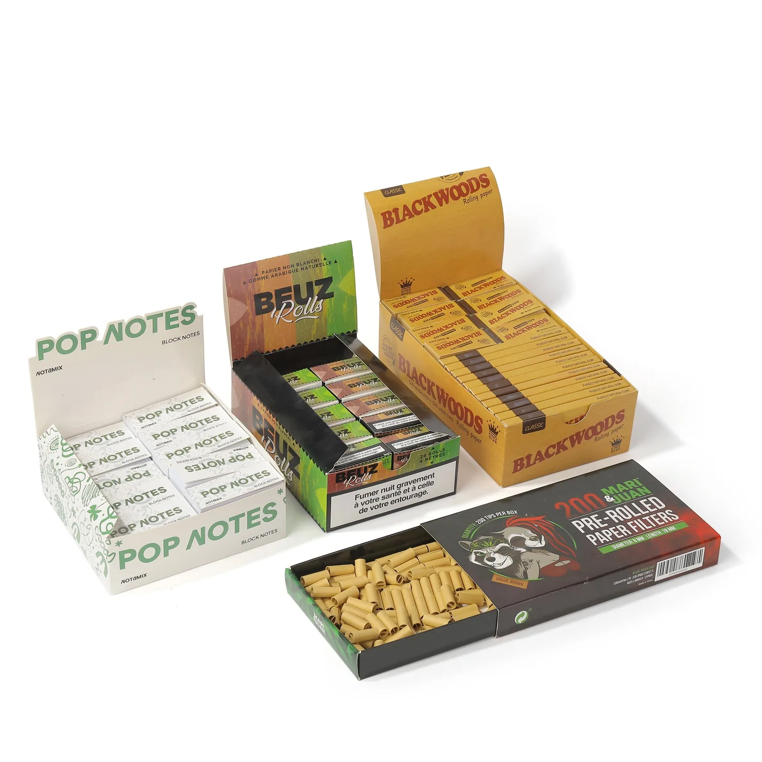 Retail rolling paper set with open booklets and packs