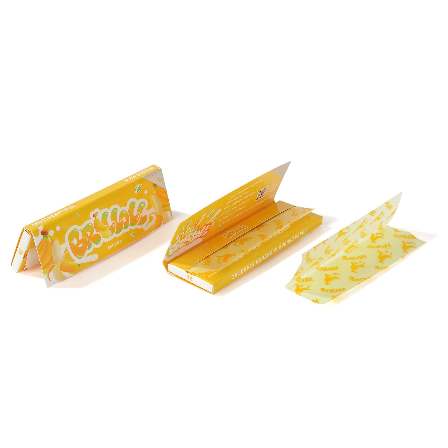 Yellow rolling paper pack opened with printed paper sheet