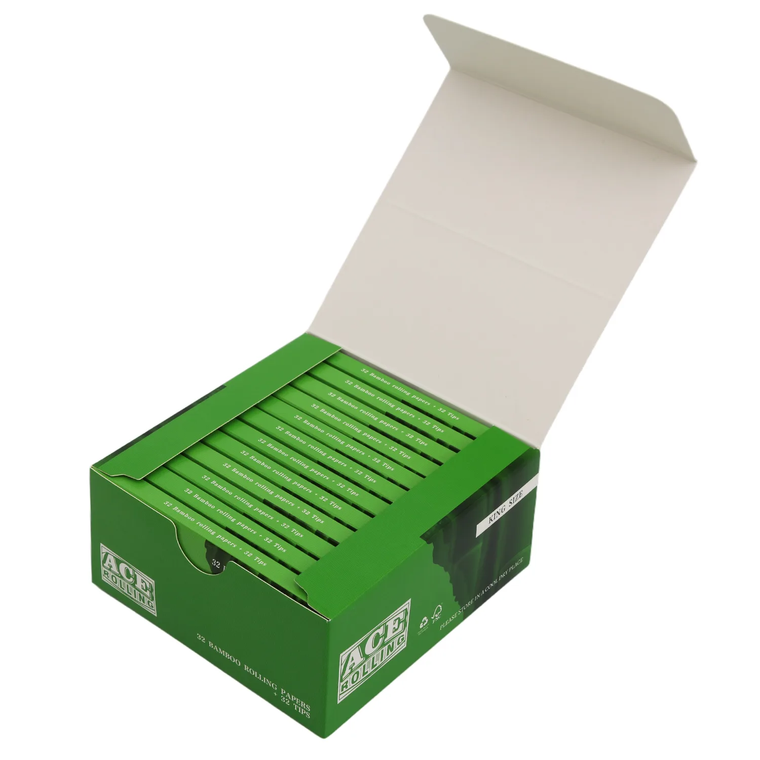 Ace Rolling bamboo rolling papers with tips in a king size display