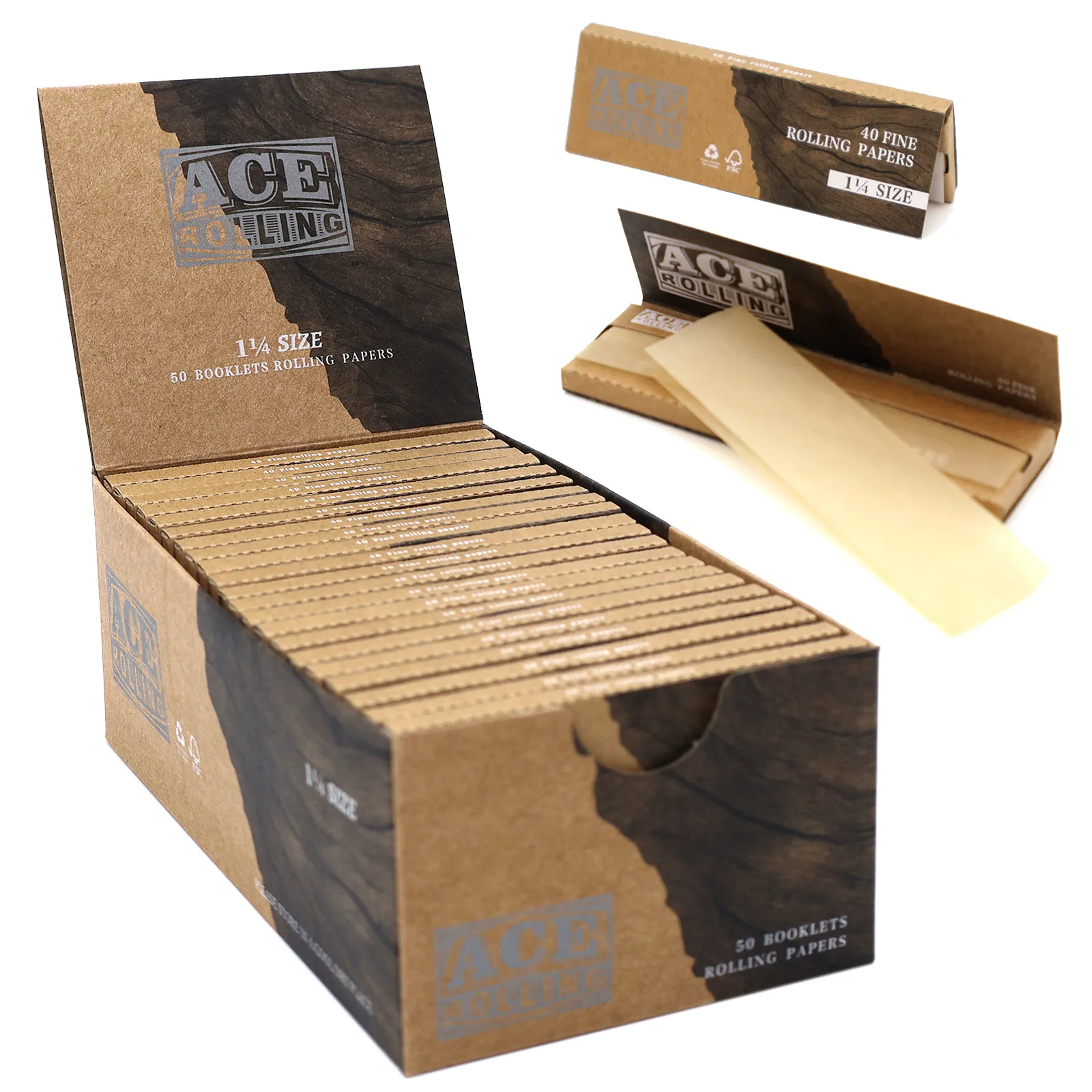 Ace Rolling 1 1/4 size rolling paper display box with open booklet and paper sheet