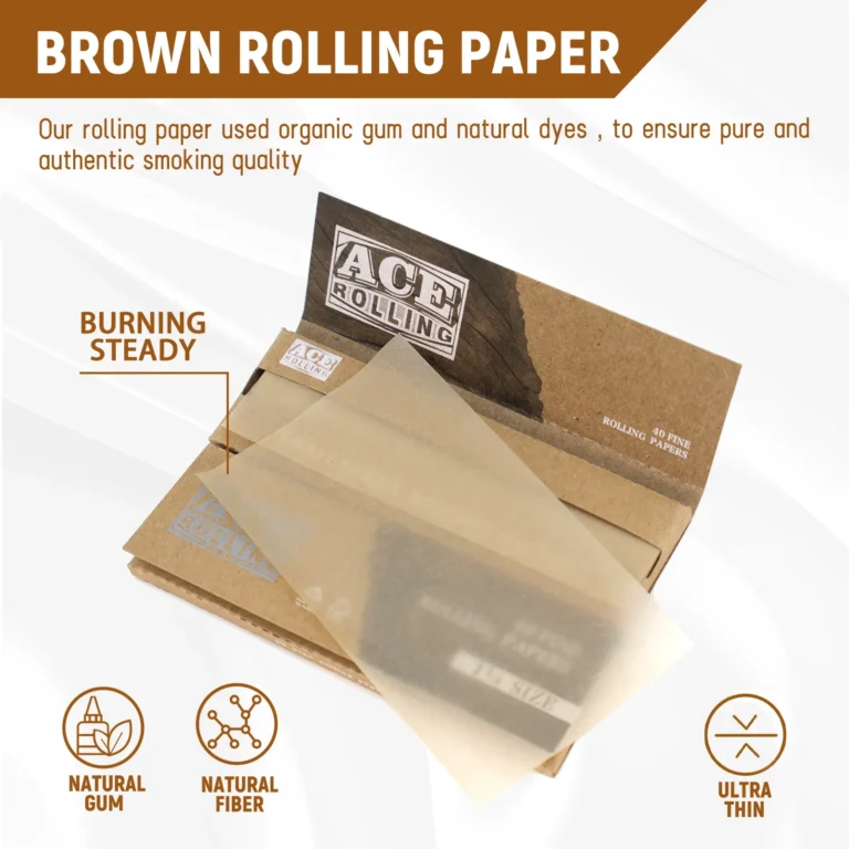 Ace Rolling brown ultra-thin rolling paper pack highlighting steady burn