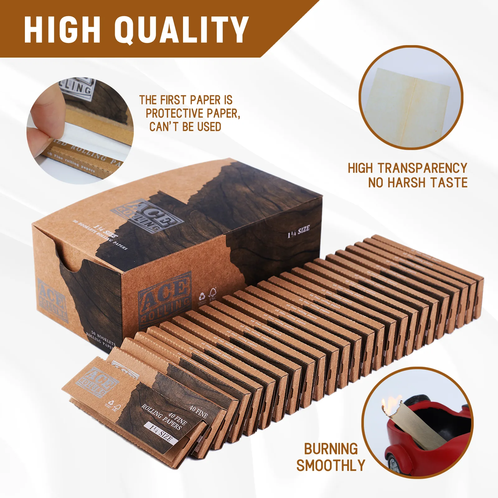 Ace Rolling 1 1/4 fine papers display highlighting high transparency