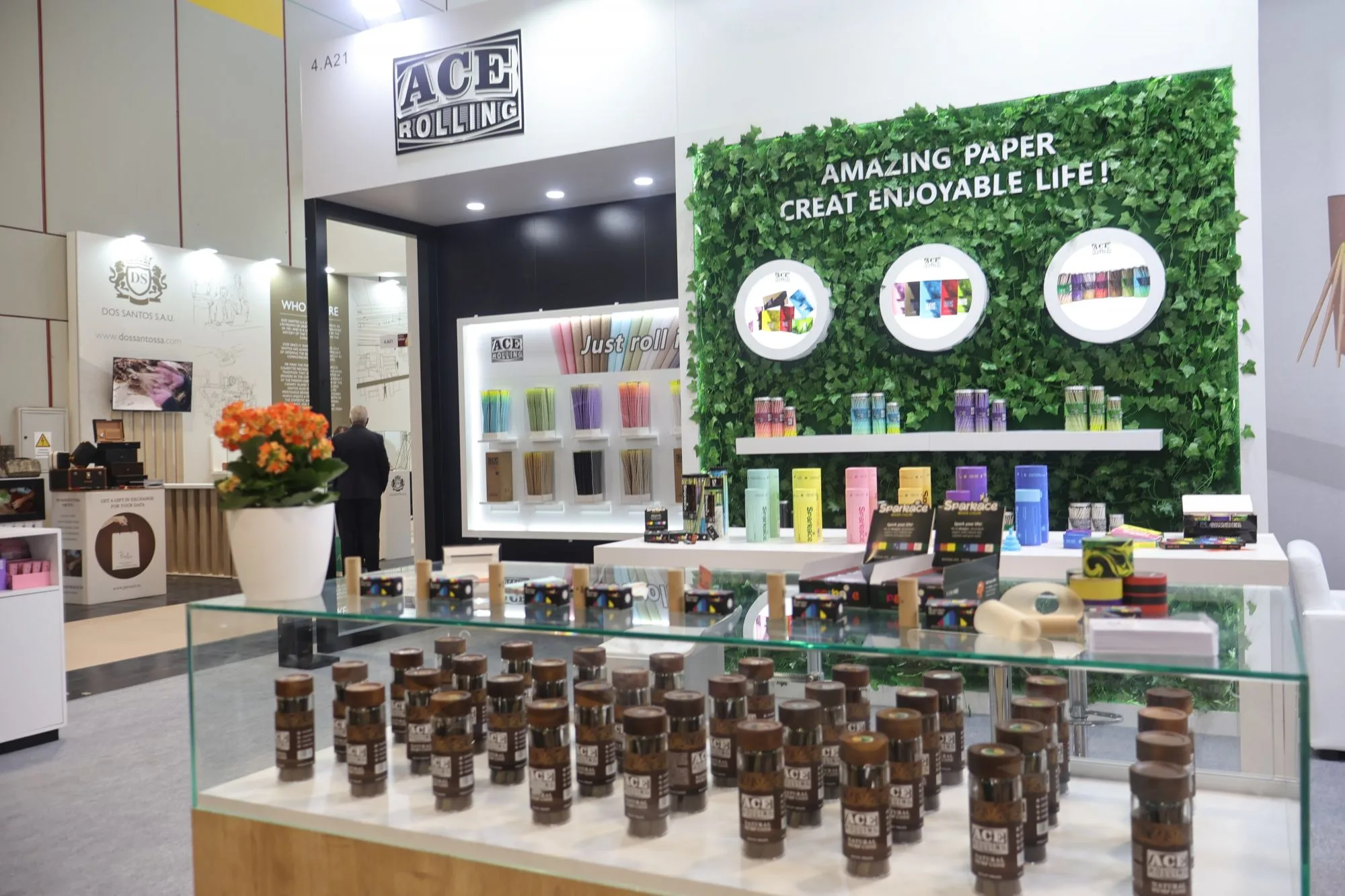 Ace Rolling trade show booth displaying wholesale rolling papers and cones
