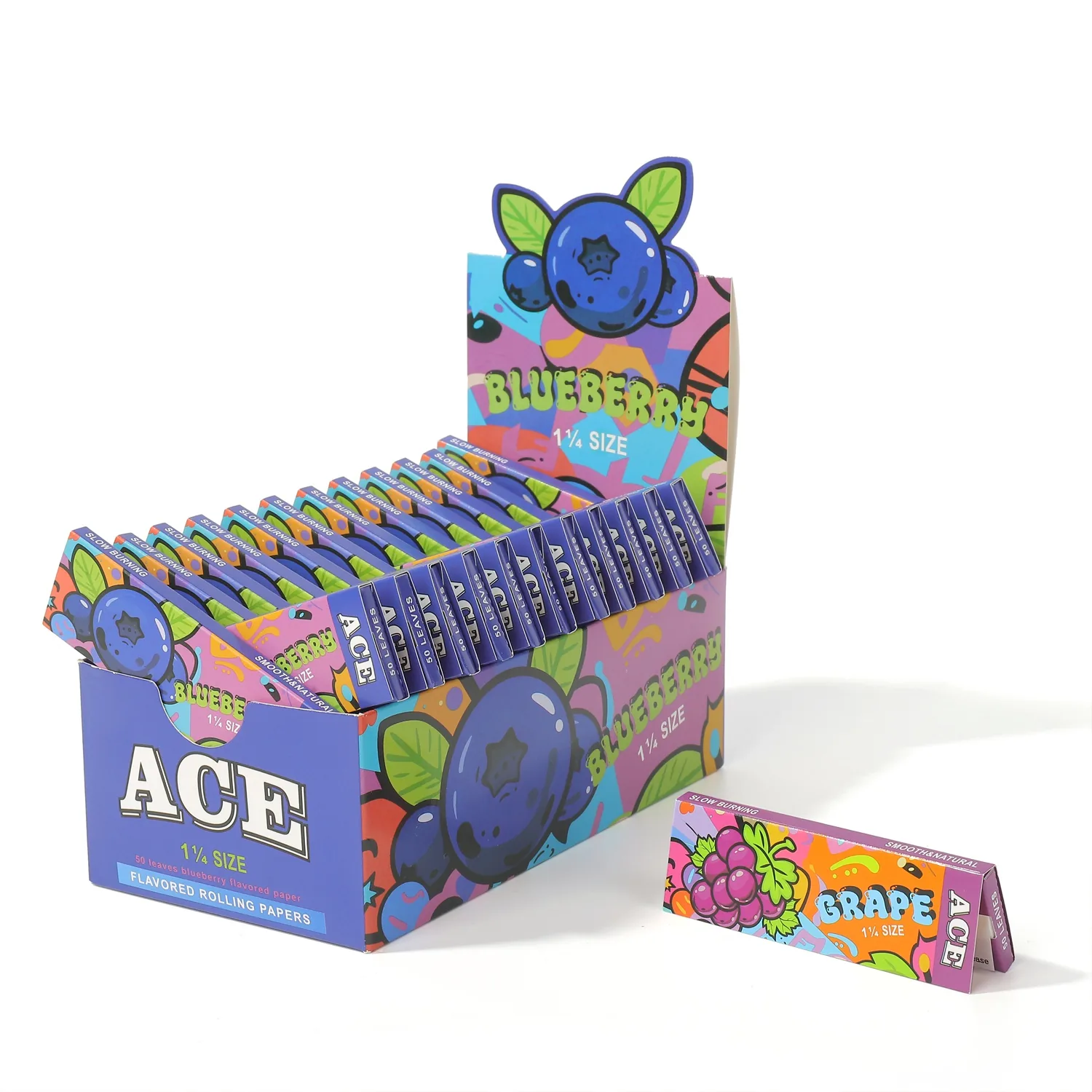 Blueberry retail display box with single rolling paper pack