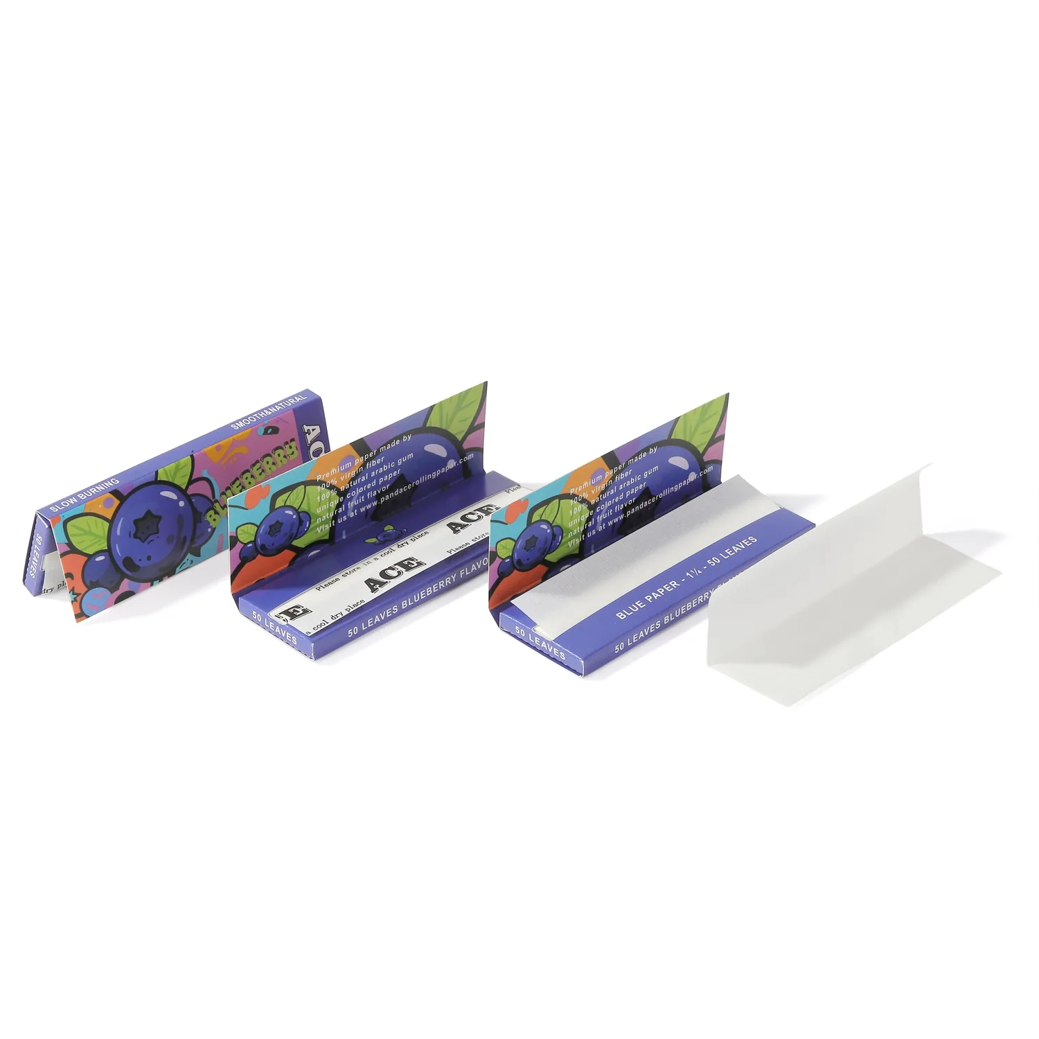 Blueberry rolling paper packaging with open pack and printed sheet