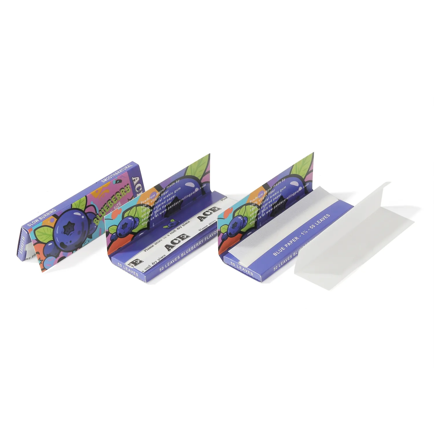 Ace blueberry flavored rolling paper packs with open booklet and blue leaf