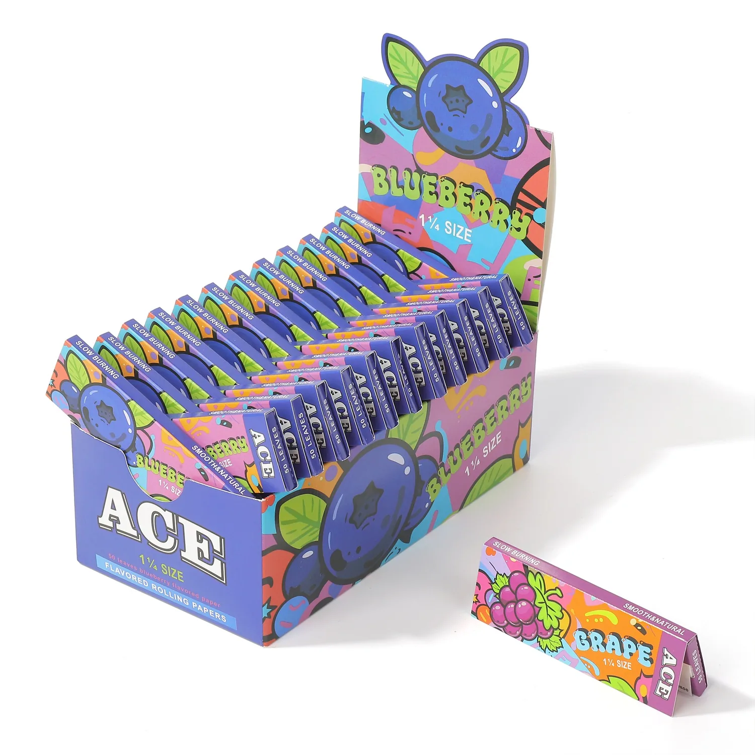Ace blueberry flavored rolling paper display box and pack on shelf-ready presentation