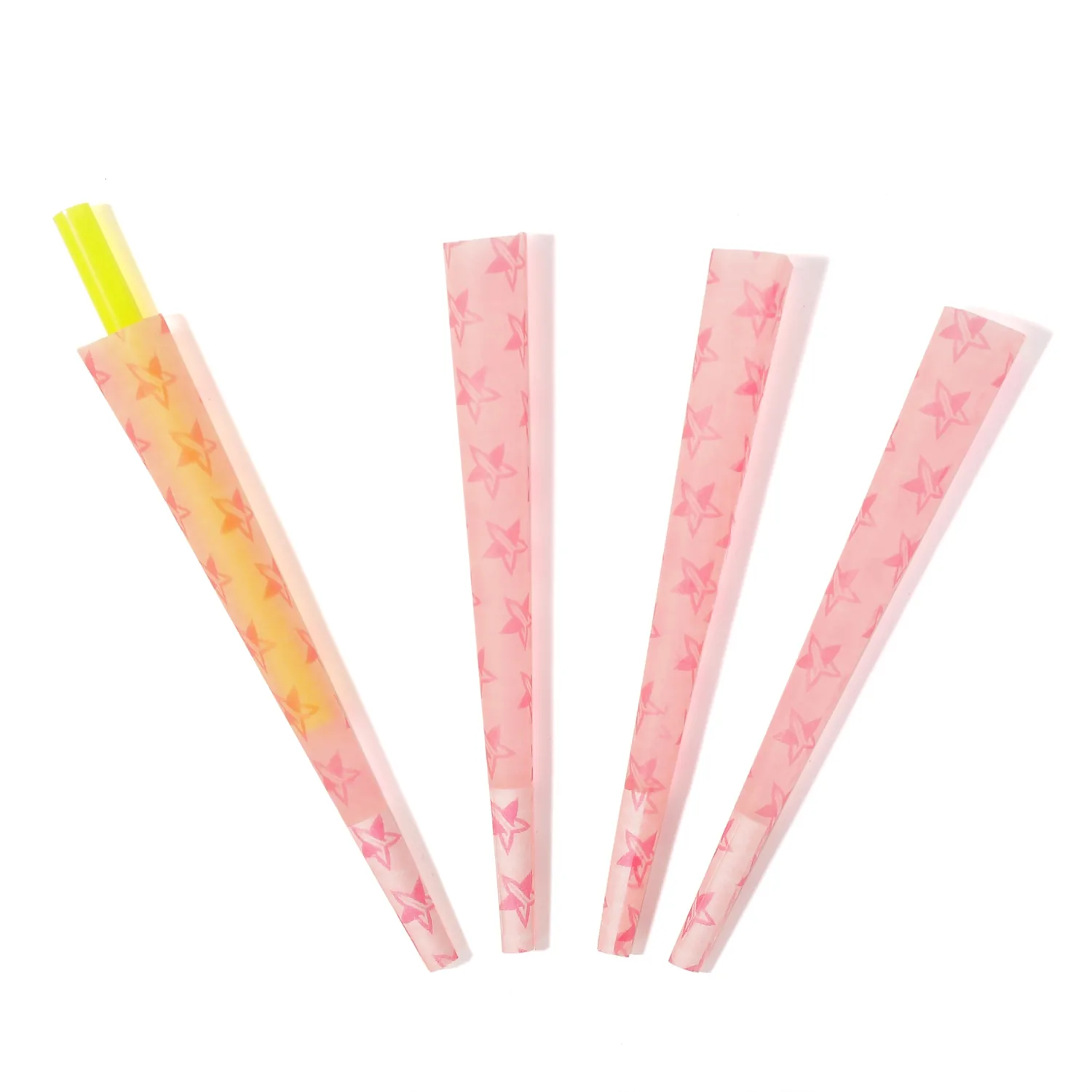 Loose pink printed pre-rolled cones with visible paper and tips