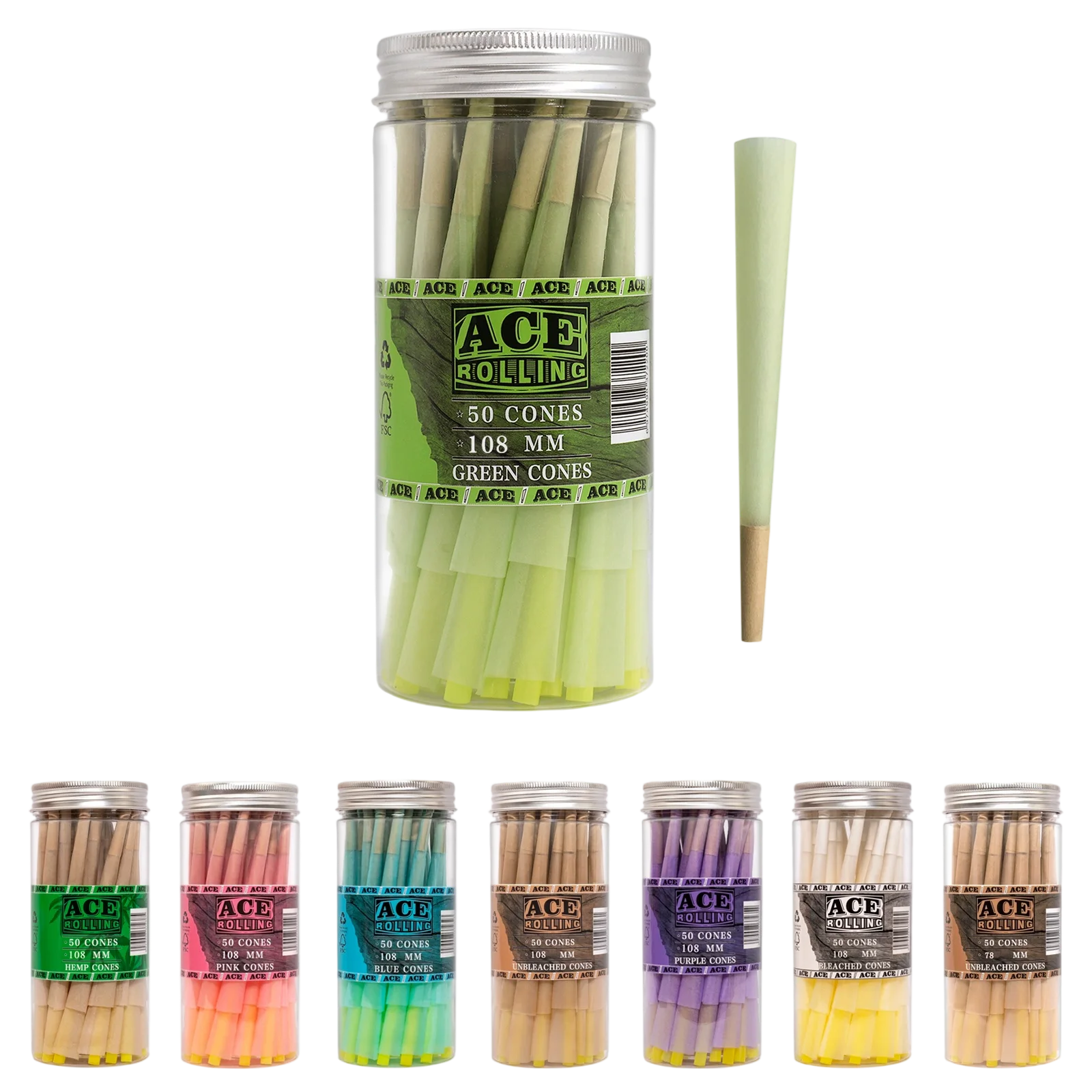 Green 50pk Pre-Rolled Cone Jar wholesale product and packaging