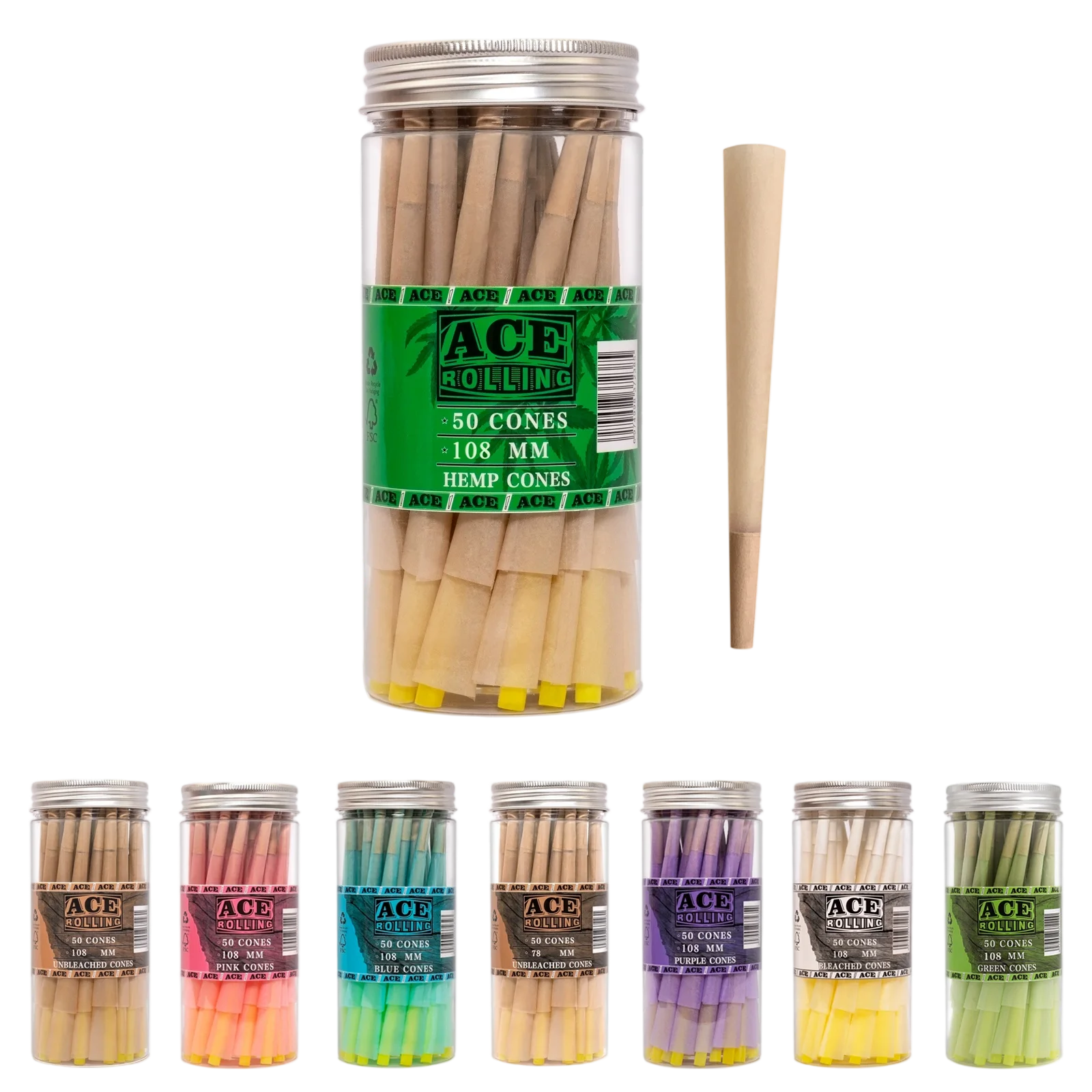 Hemp 50pk Pre-Rolled Cone Jar wholesale product and packaging