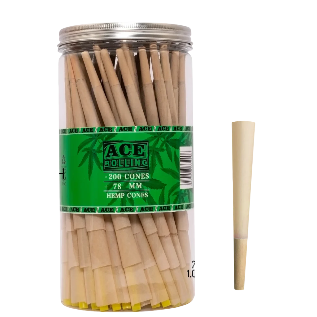 Hemp 78mm 200pk Pre-Rolled Cone Jar wholesale product and packaging
