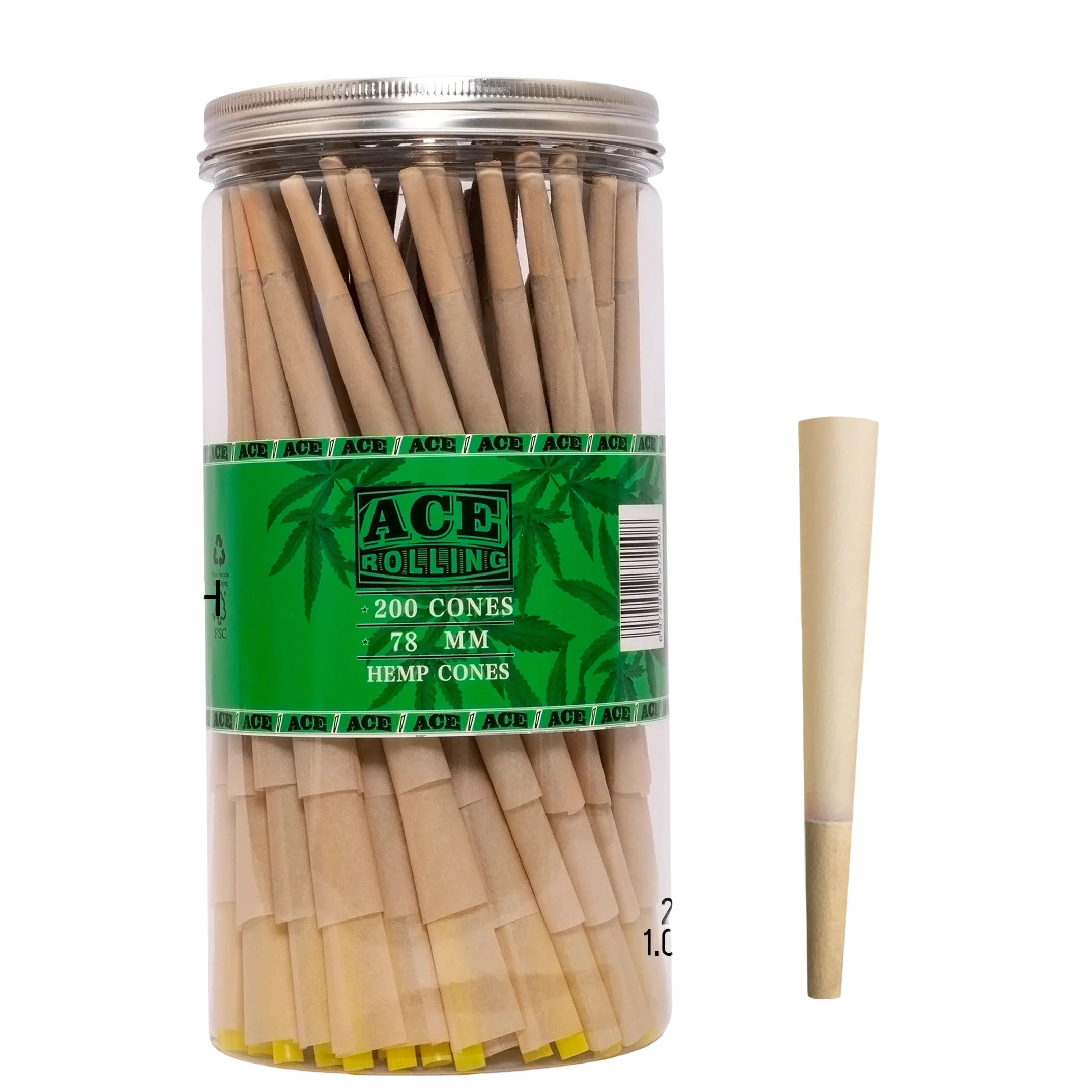 Hemp 78mm 200pk Pre-Rolled Cone Jar wholesale product and packaging