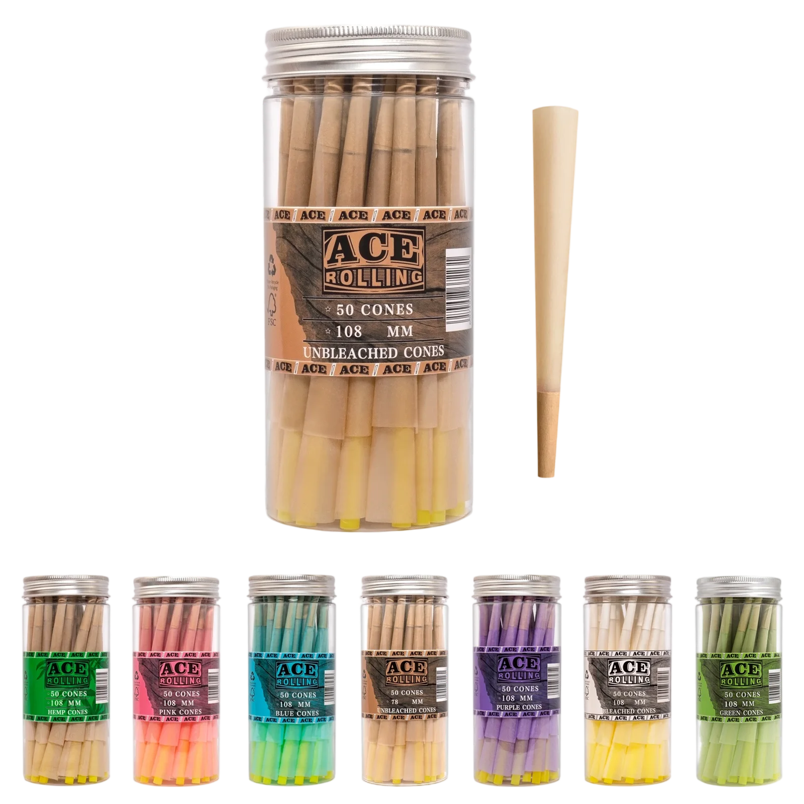 Natural Brown 50pk Pre-Rolled Cone Jar wholesale product and packaging