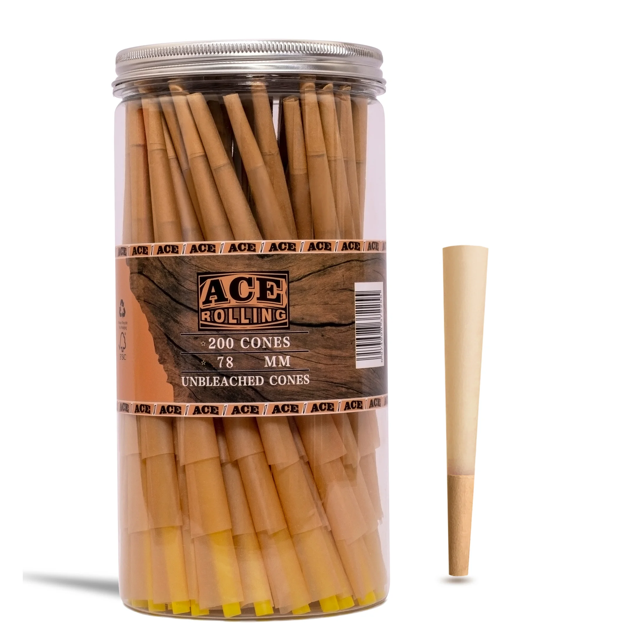 Natural Brown 78mm 200pk Pre-Rolled Cone Jar wholesale product and packaging