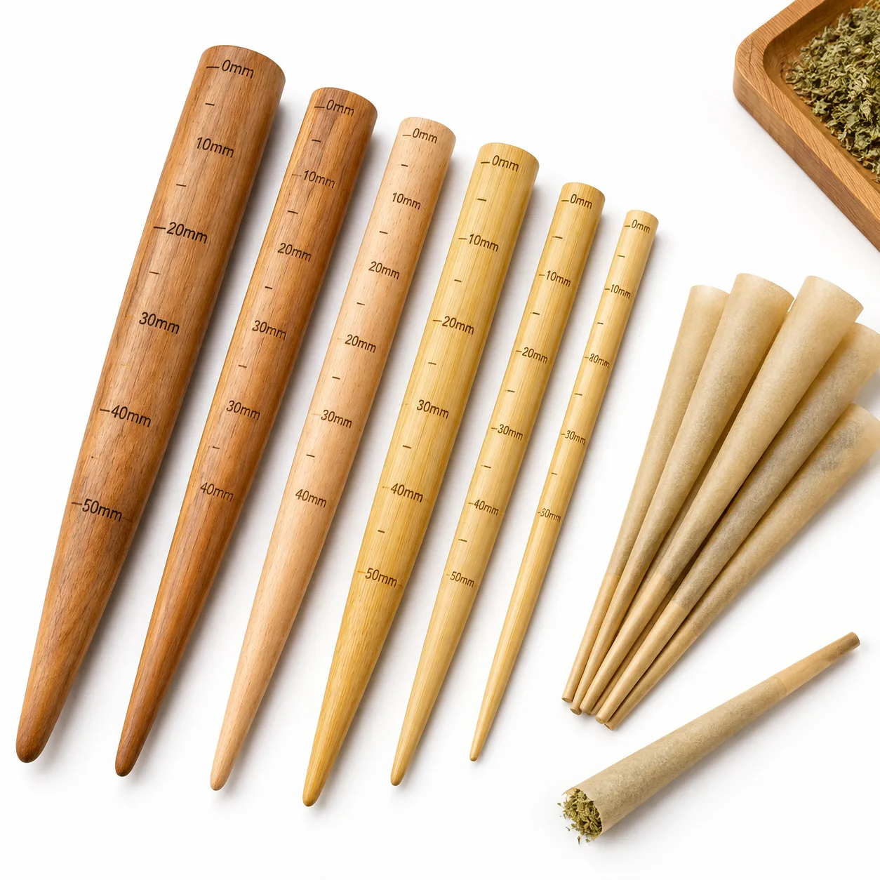 Assorted diameter wooden and bamboo packing sticks for pre-roll cones