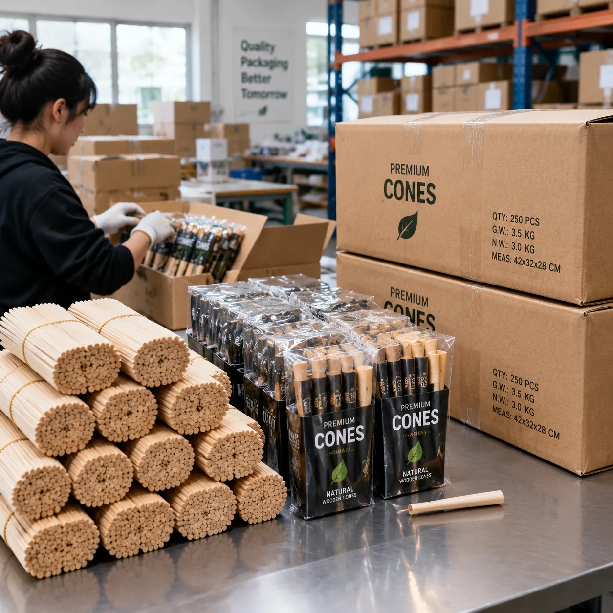 Workstation with bundled packing sticks and retail pre-roll cone packaging