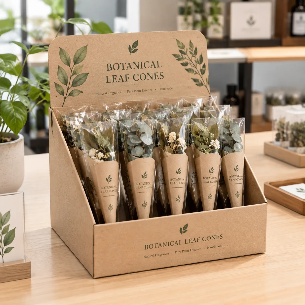 Kraft retail display box filled with natural palm leaf pre-roll cones