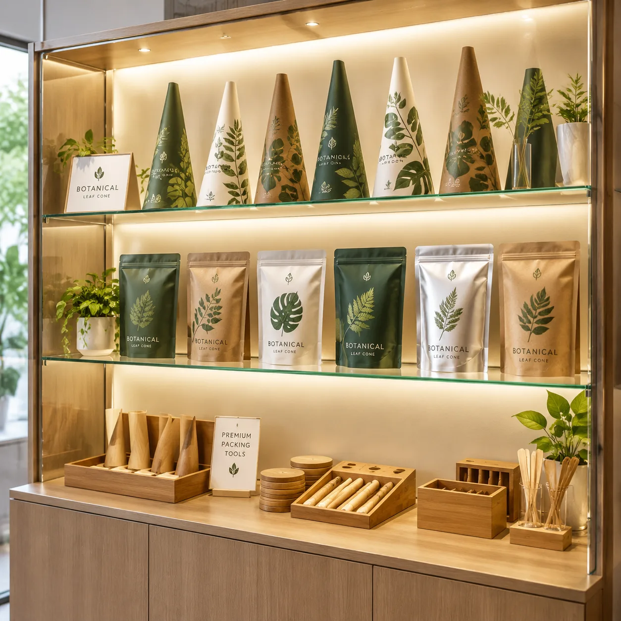 Showroom display cabinet showcasing botanical palm leaf cone packaging lines