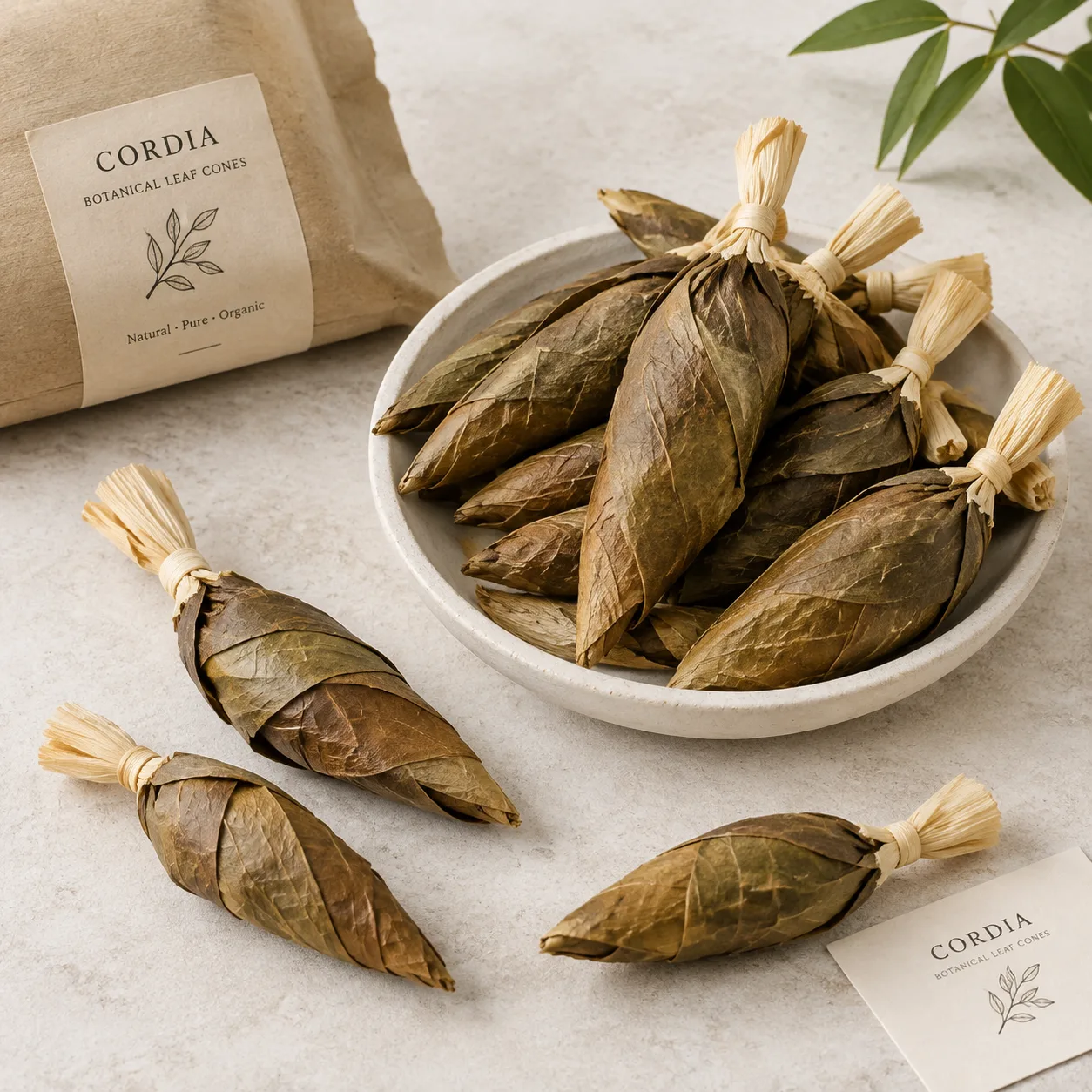 Natural Cordia palm leaf cones with tied corn husk mouthpieces