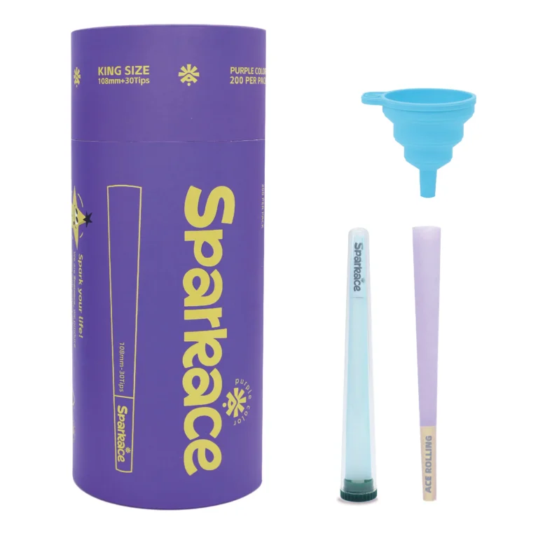 Purple paper cone beside a blue funnel and transparent tube